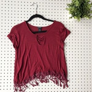 RUE 21 Boho tee with crochet fringe trim keyhole